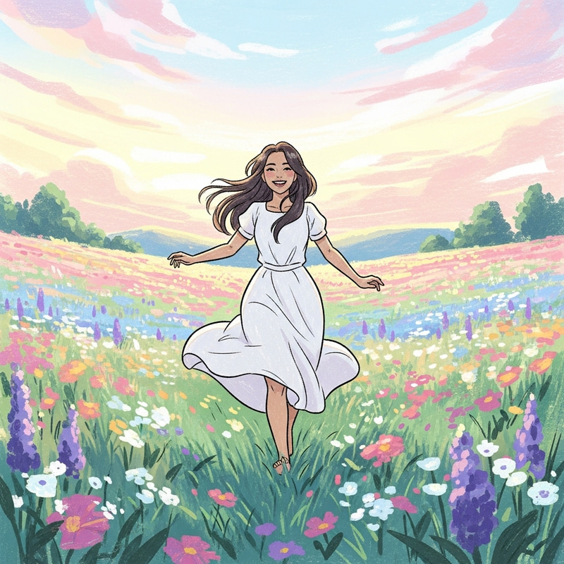 Anime-Style Art of Woman with Long Silky Hair Running in Flower Meadow Anime-Style Art of Woman with Long Silky Hair Running in Flower Meadow