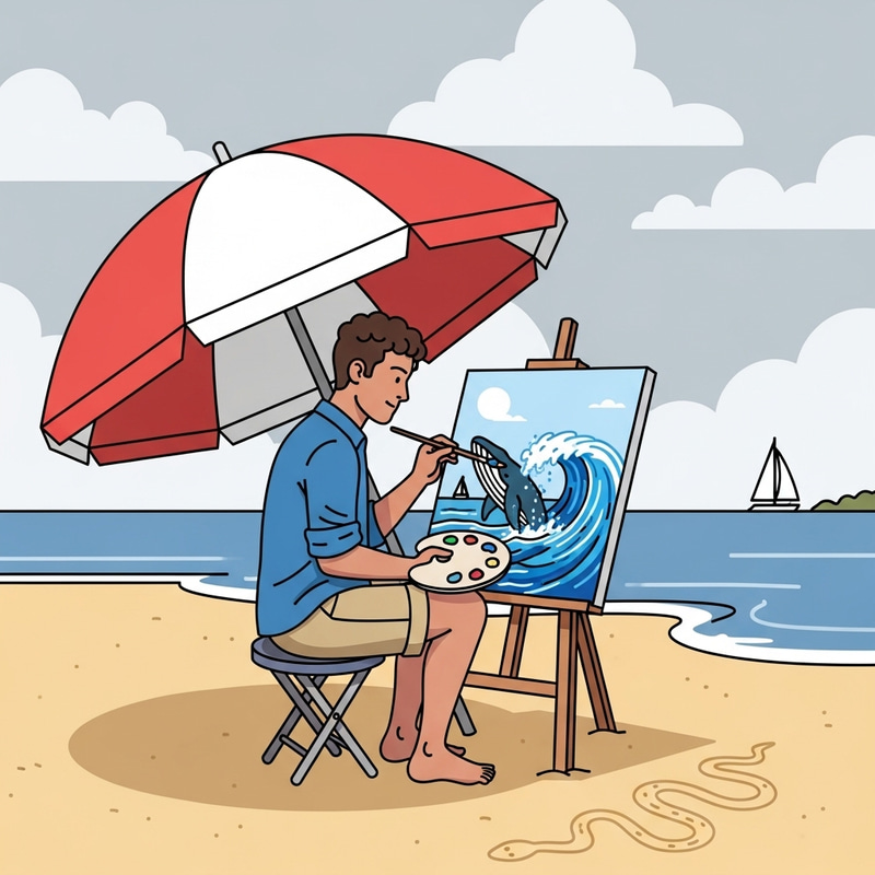 Young Artist Painting Whale, Wave, Boat | Serene Bay Scene Young Artist Painting Whale, Wave, Boat | Serene Bay Scene