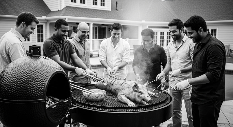 Festive Backyard BBQ: Diverse Men Roasting Whole Pig Festive Backyard BBQ: Diverse Men Roasting Whole Pig
