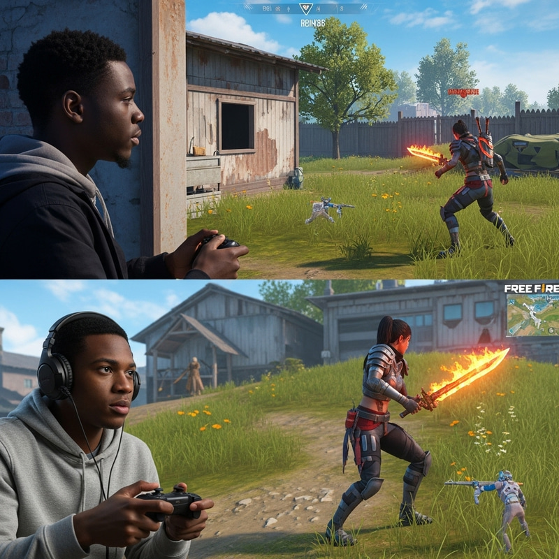 Intense Battle in Free Fire: Black Male vs Hispanic Female Players Intense Battle in Free Fire: Black Male vs Hispanic Female Players