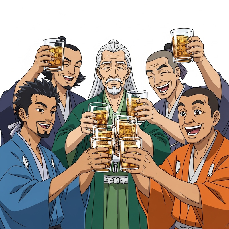 Animated Drunk Anime Men Toasting Glasses Joyfully