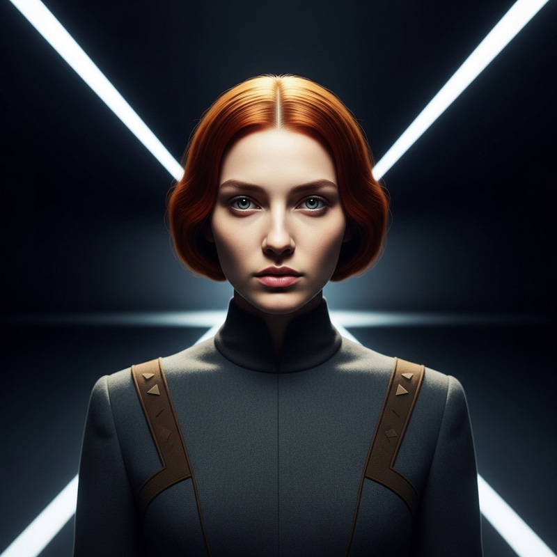 Red-Haired Woman with Light Eyes in Kubrickesque Cinematic Style