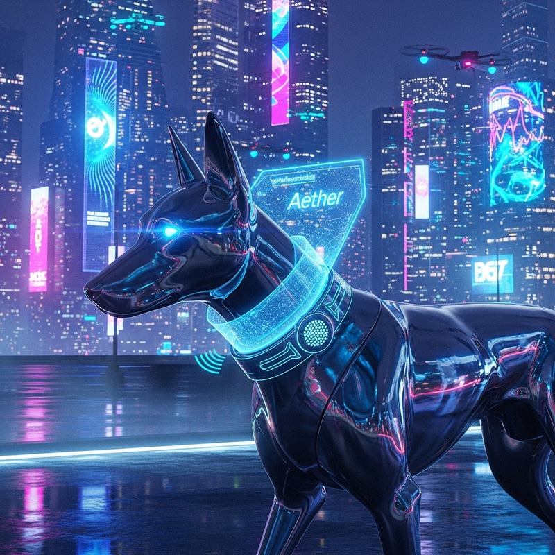 Futuristic Dog in Urban Holographic Scene | Cyber Pet Tech Futuristic Dog in Urban Holographic Scene | Cyber Pet Tech