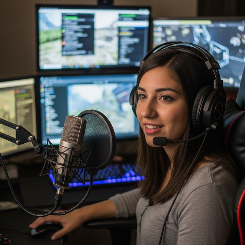 Hispanic YouTuber Girl with Brunette Hair and Gaming Headphones in 2016 Setup