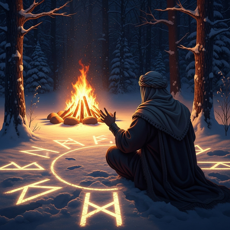 Enigmatic Dark Shaman in Snowy Forest - Mystical Runes Enigmatic Dark Shaman in Snowy Forest - Mystical Runes