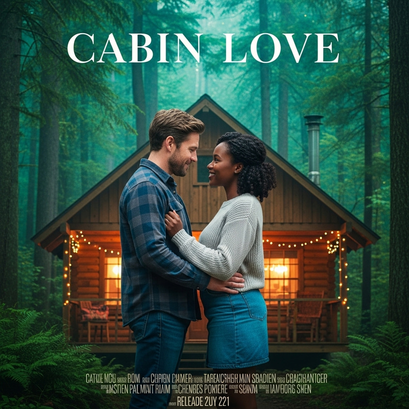 Cabin Love: Romantic Movie Poster with Cozy Forest Setting Cabin Love: Romantic Movie Poster with Cozy Forest Setting