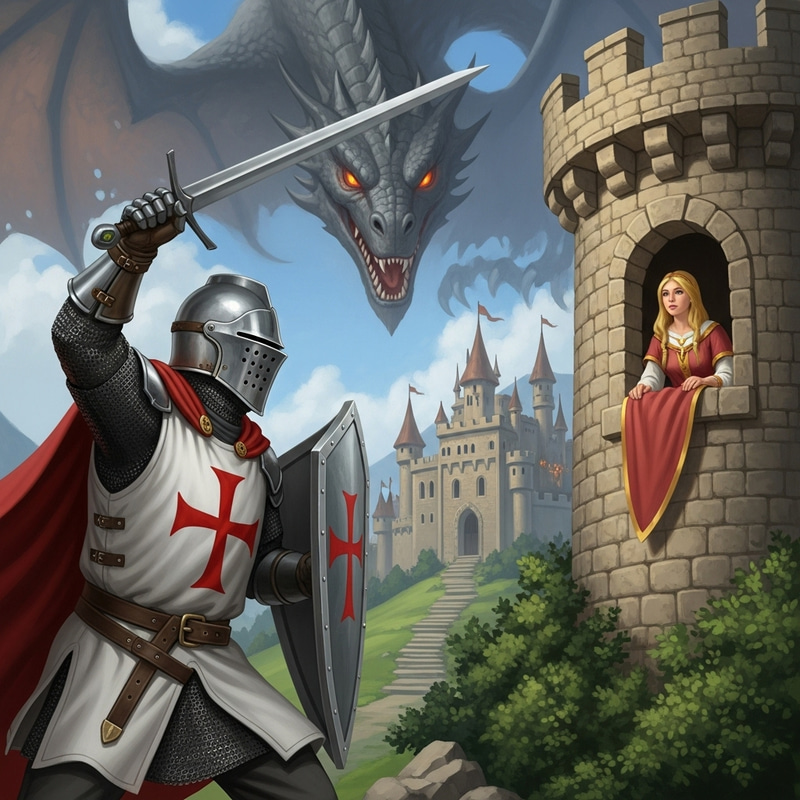 Templar Knight Rescues Princess from Dragon in Castle