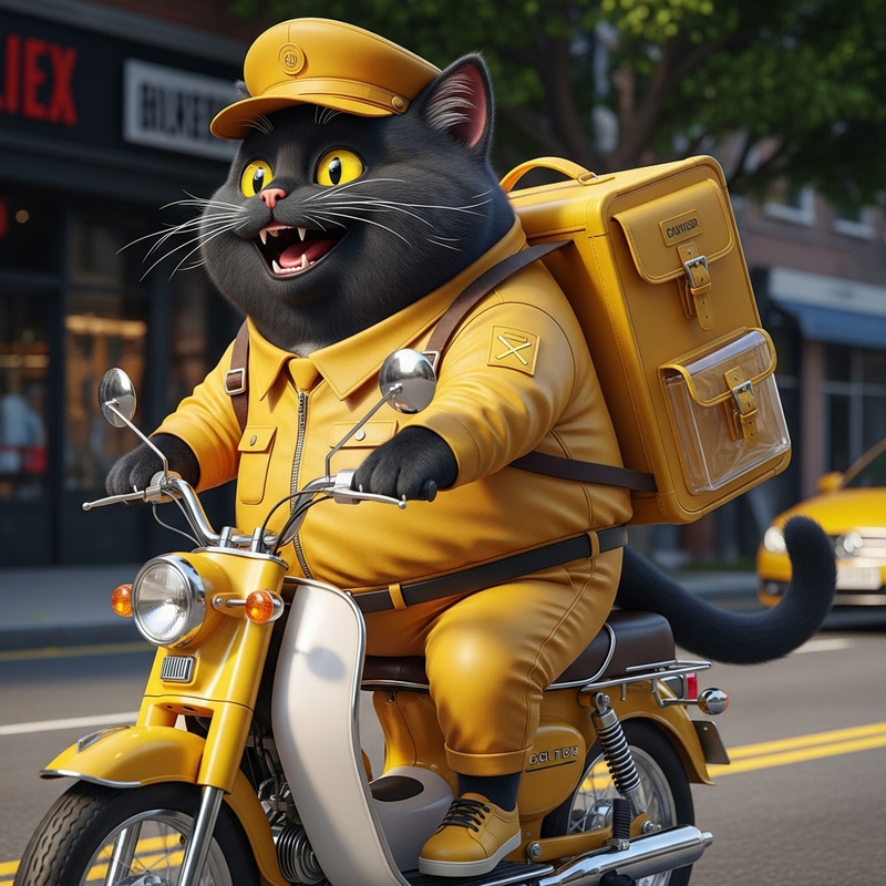 Chubby Black Cat Courier on Yellow Moped in High Resolution Image Chubby Black Cat Courier on Yellow Moped in High Resolution Image