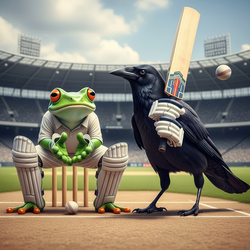 Unique Cricket Scene: Frog Wicketkeeper vs. Crow Batsman Unique Cricket Scene: Frog Wicketkeeper vs. Crow Batsman