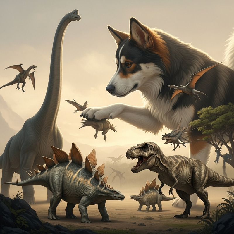 Dog Defeating Dinosaurs - Epic Battle Scene Dog Defeating Dinosaurs - Epic Battle Scene