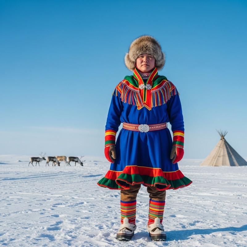 Sámi Person in Traditional Clothing: Indigenous Elegance in Snowy Landscape Sámi Person in Traditional Clothing: Indigenous Elegance in Snowy Landscape