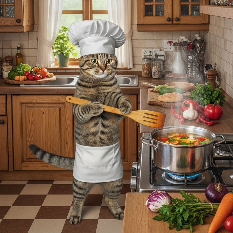 Cat Cooking Soup: Rustic Kitchen Scene with Chef Cat Cat Cooking Soup: Rustic Kitchen Scene with Chef Cat