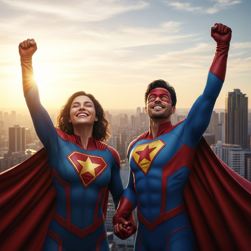 Happy Allies: Realistic Image of Joyful Superhero Partners Happy Allies: Realistic Image of Joyful Superhero Partners