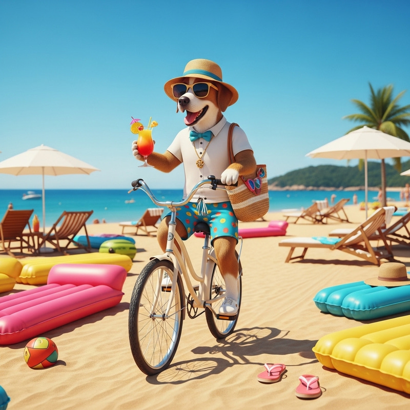 Vintage Beach Dog on Bike with Chic Accessories | Lively Beach Resort Vibe Vintage Beach Dog on Bike with Chic Accessories | Lively Beach Resort Vibe