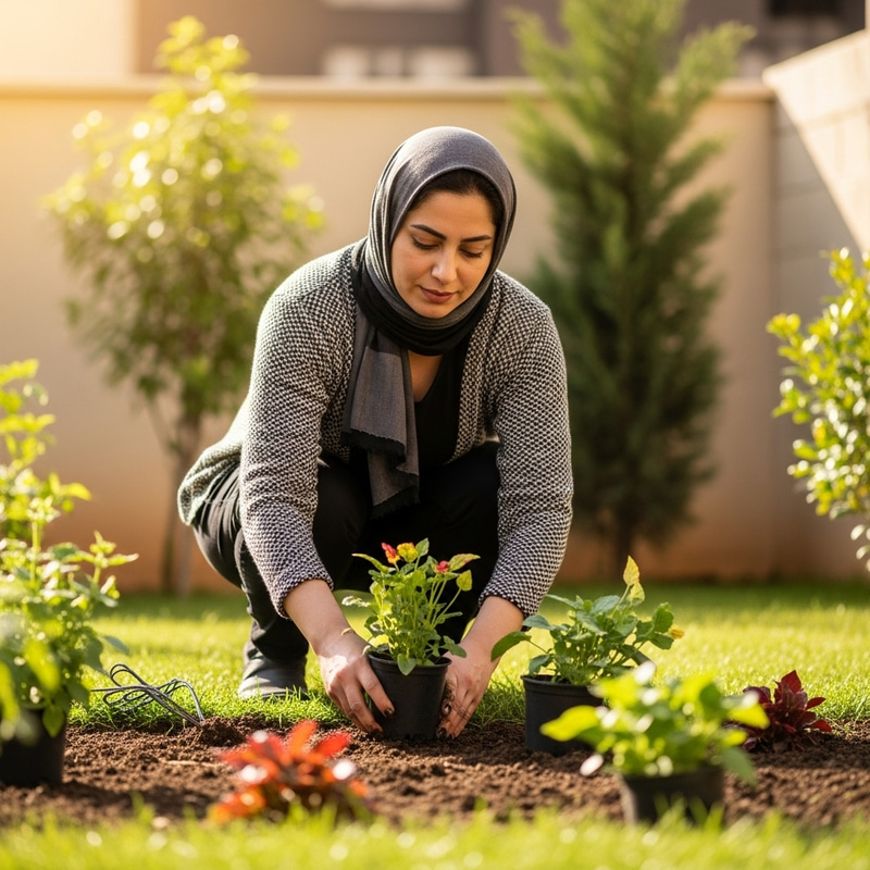 Middle-Eastern Lady Planting in Garden: Cultivating Beautiful Plants