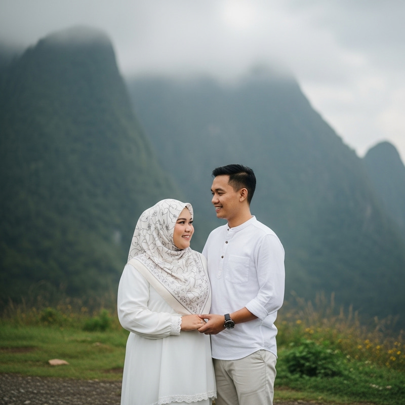 Romantic Southeast Asian Couple Sitting Against Breathtaking Mountain Scenery