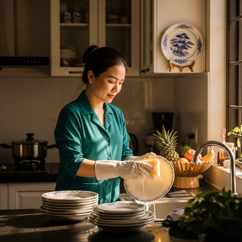 Vietnamese Woman Chị My Washing Dishes for Entire Family
