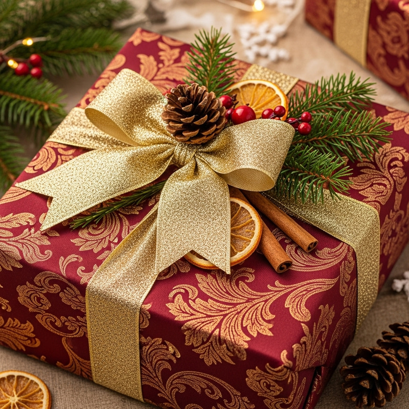 Elegant Christmas Gift Wrapping with Burgundy Fabric and Gold Accents