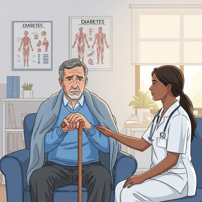 Man with Diabetes Feeling Unwell at Health Center Man with Diabetes Feeling Unwell at Health Center