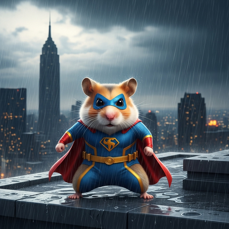 Heroic Hamster: Brave Superhero Braving the Rain in City Heroic Hamster: Brave Superhero Braving the Rain in City