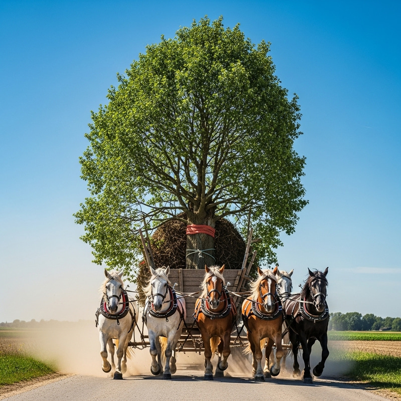 Transporting a Large Tree by Horse-Drawn Cart with Muscular Horses Transporting a Large Tree by Horse-Drawn Cart with Muscular Horses