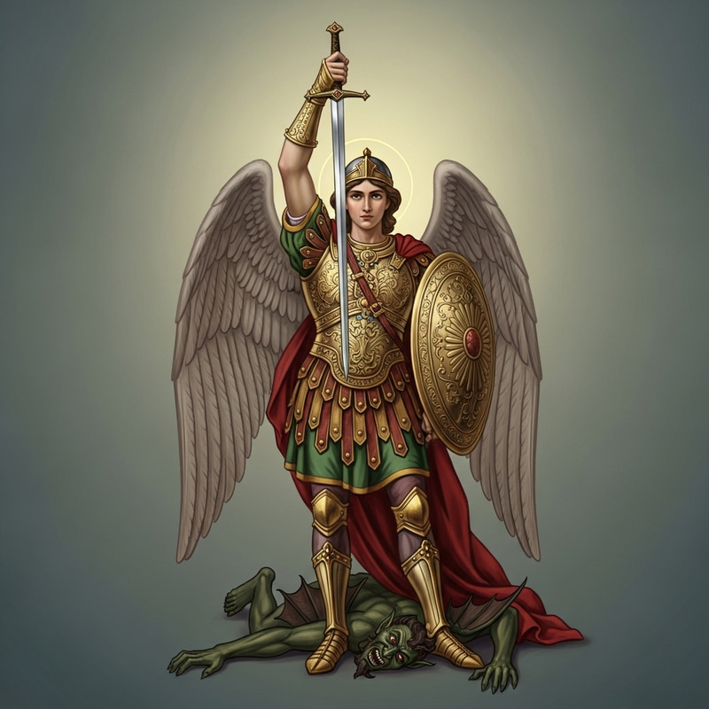 Archangel Michael in Elaborate Gold Armor Defeating Demon