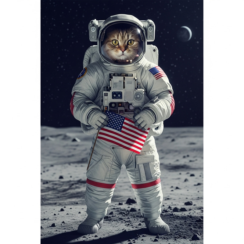 Feline Astronaut on Moon Holding American Flag | Hyperrealistic Spacescape Feline Astronaut on Moon Holding American Flag | Hyperrealistic Spacescape