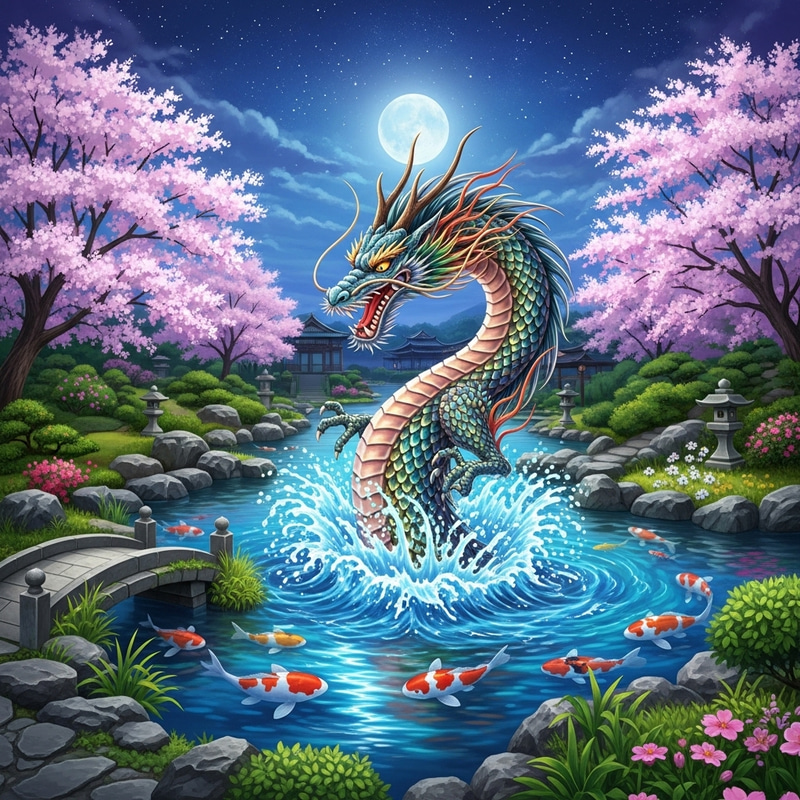 Traditional Japanese Water Dragon Fantasy Scene Traditional Japanese Water Dragon Fantasy Scene