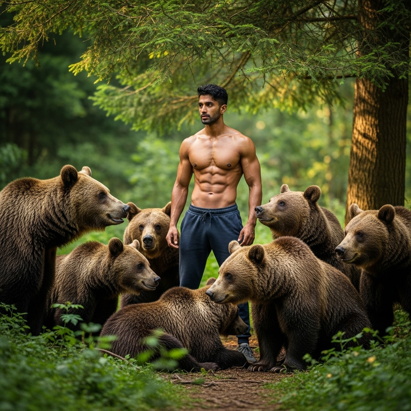 South Asian Man Bonds with Bears in Forest South Asian Man Bonds with Bears in Forest