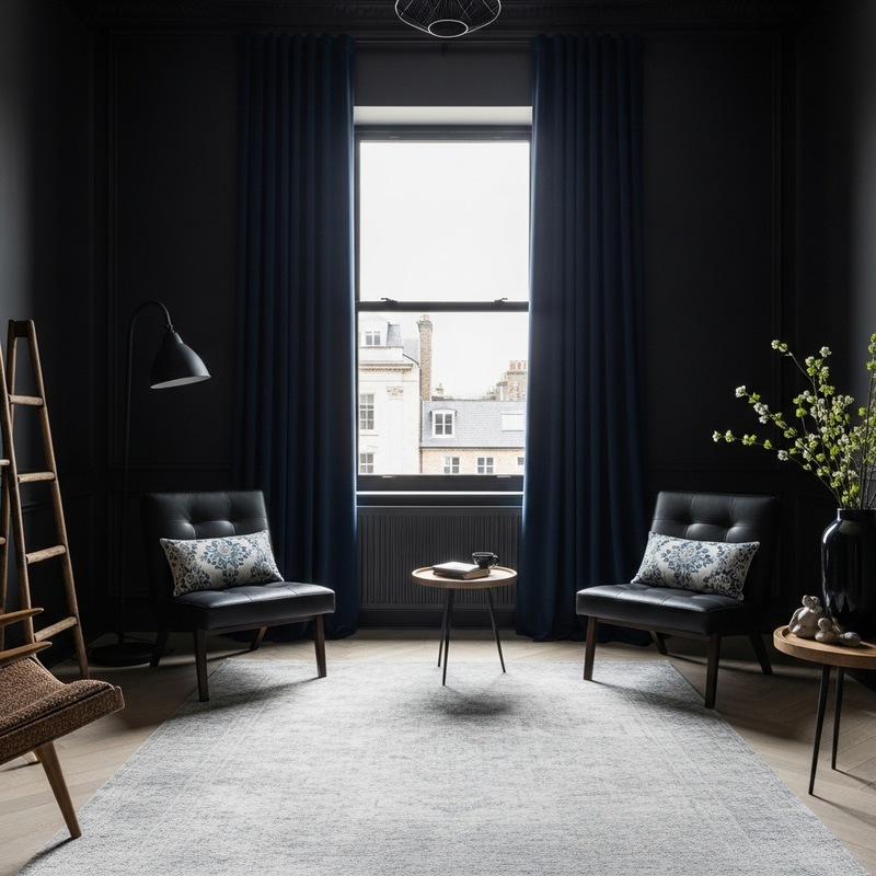 Mysterious Black Room with Gray Rug and Navy Blue Curtains