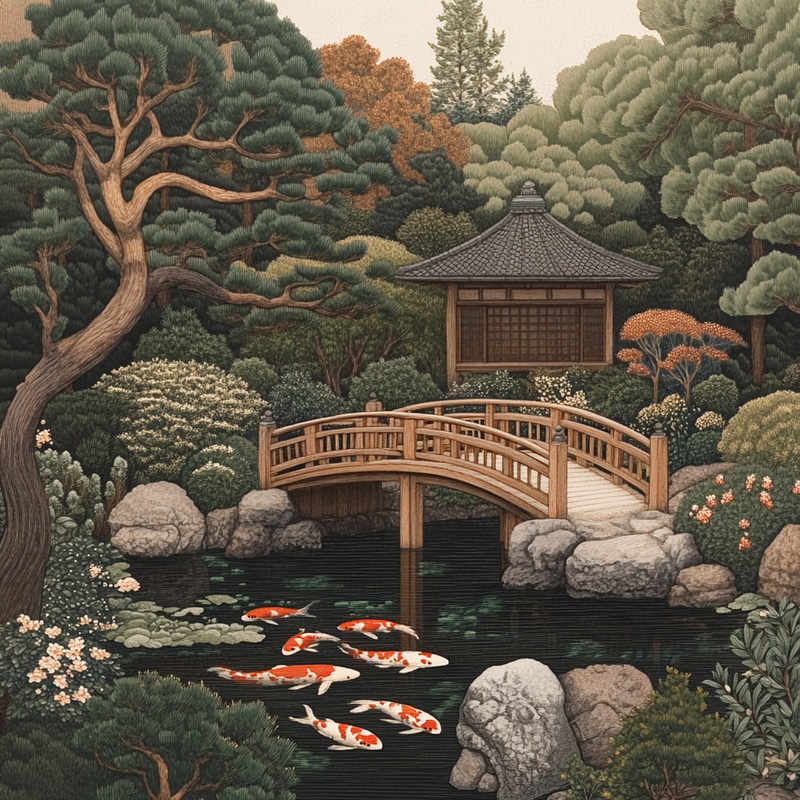 Traditional Japanese Tea Garden with Koi Pond Traditional Japanese Tea Garden with Koi Pond