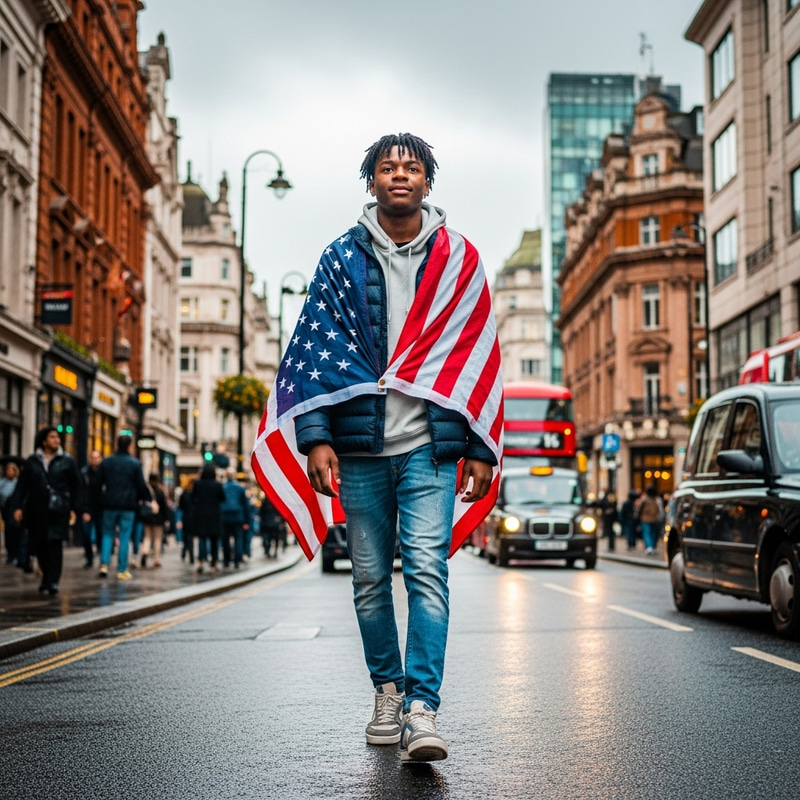 Young Black Male Student in London with American Flag Young Black Male Student in London with American Flag