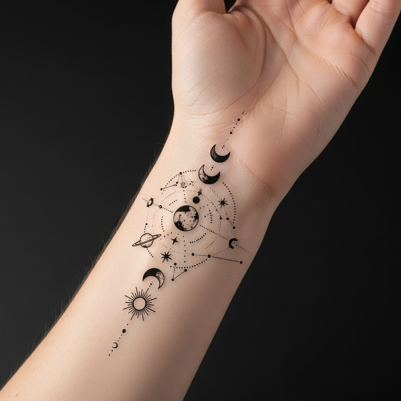 Intricate Astronomy Tattoo Design - Celestial Wrist Art Intricate Astronomy Tattoo Design - Celestial Wrist Art
