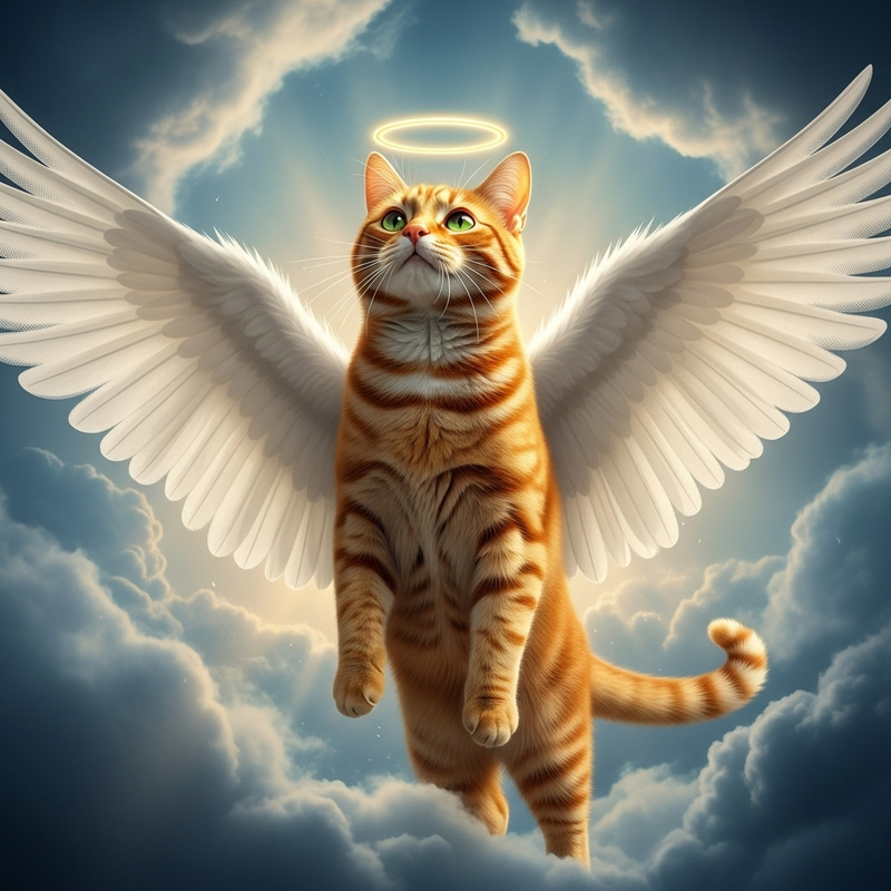 Red Cat with Angel Wings, Wrapped in Bandages, Ascending to Clouds of Holiness