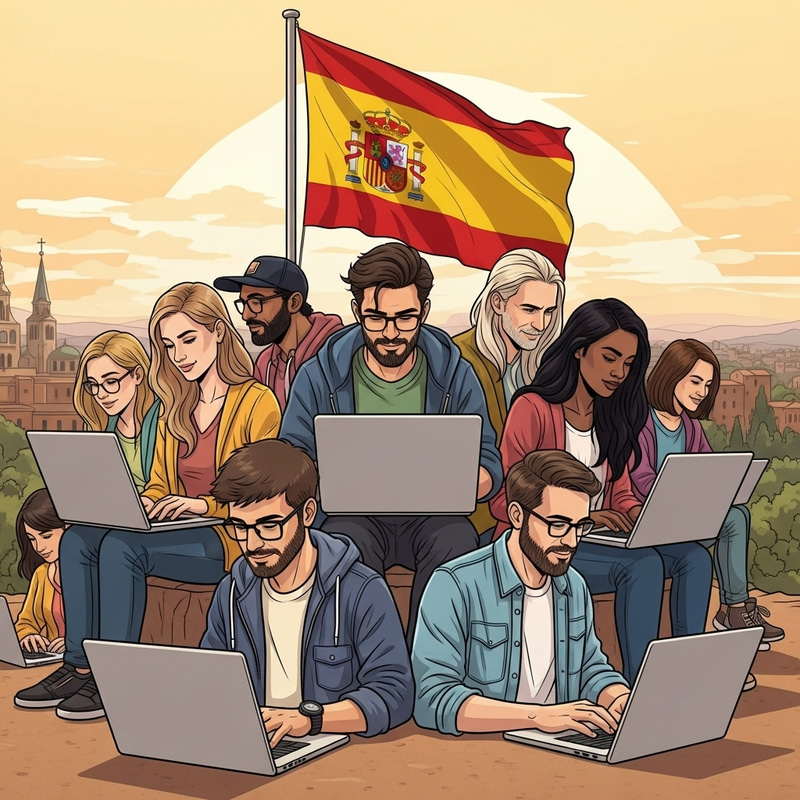 Digital Nomads Working in Spain - Sketch Illustration Digital Nomads Working in Spain - Sketch Illustration