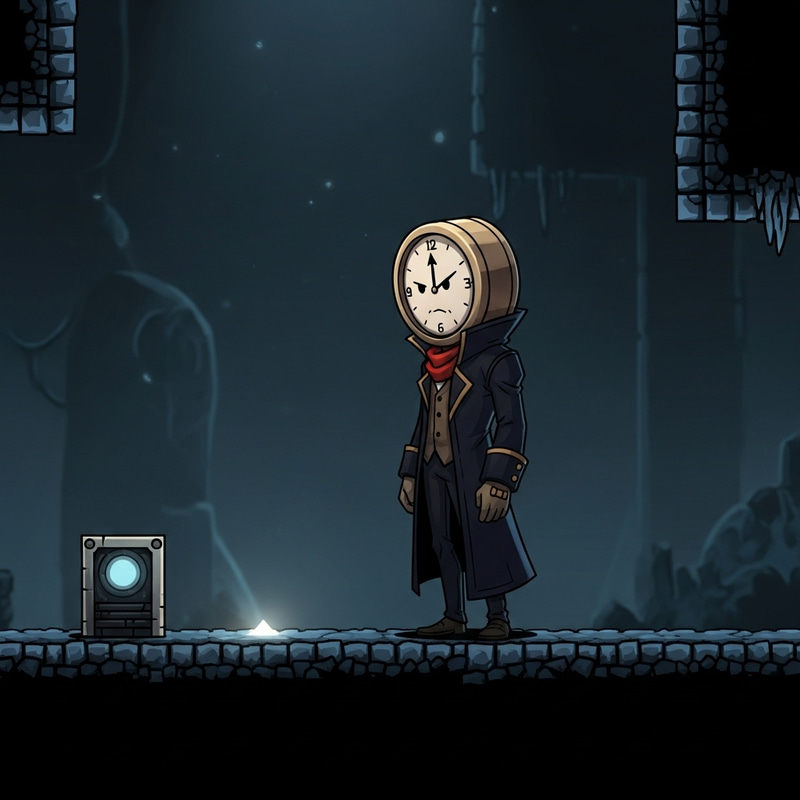 Clock-Head 2D Character in Dark Atmosphere Platformer Game