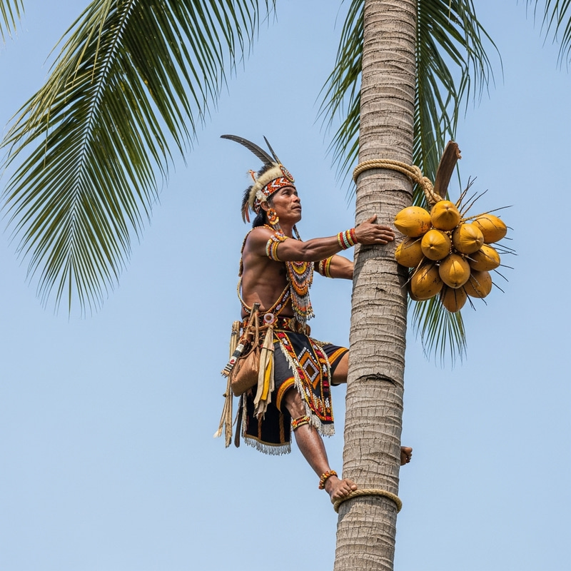 Dayak Warrior Harvesting Coconuts | Traditional Attire Oil Painting Dayak Warrior Harvesting Coconuts | Traditional Attire Oil Painting