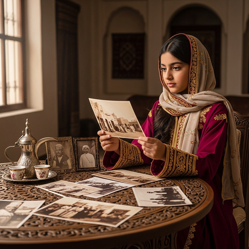 Qatari Girl in Traditional Attire Showcasing Vintage Photos Qatari Girl in Traditional Attire Showcasing Vintage Photos