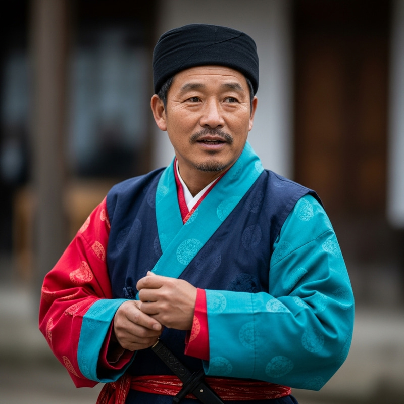 Dynamic Cultural Portrait of Asian Man in Traditional Attire Dynamic Cultural Portrait of Asian Man in Traditional Attire