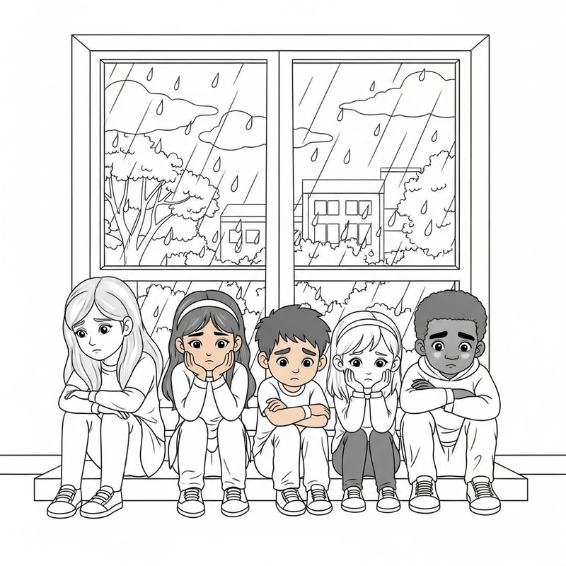 Sad Students Looking at Rain Coloring Page Sad Students Looking at Rain Coloring Page