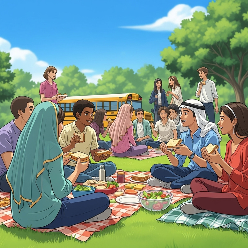 Veiled Students Enjoying School Picnic Fun Veiled Students Enjoying School Picnic Fun