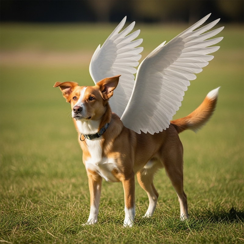 Whimsical Dog with Wings Soaring in a Grass Field Whimsical Dog with Wings Soaring in a Grass Field