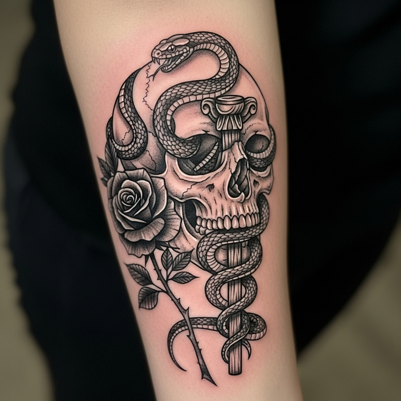 Skull and Snake Tattoo with Black Rose Skull and Snake Tattoo with Black Rose