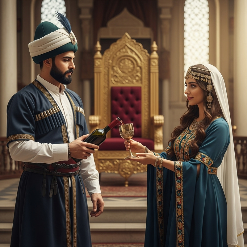 Kurdish Prince Filling Princess's Goblet with Wine in Palace Kurdish Prince Filling Princess's Goblet with Wine in Palace
