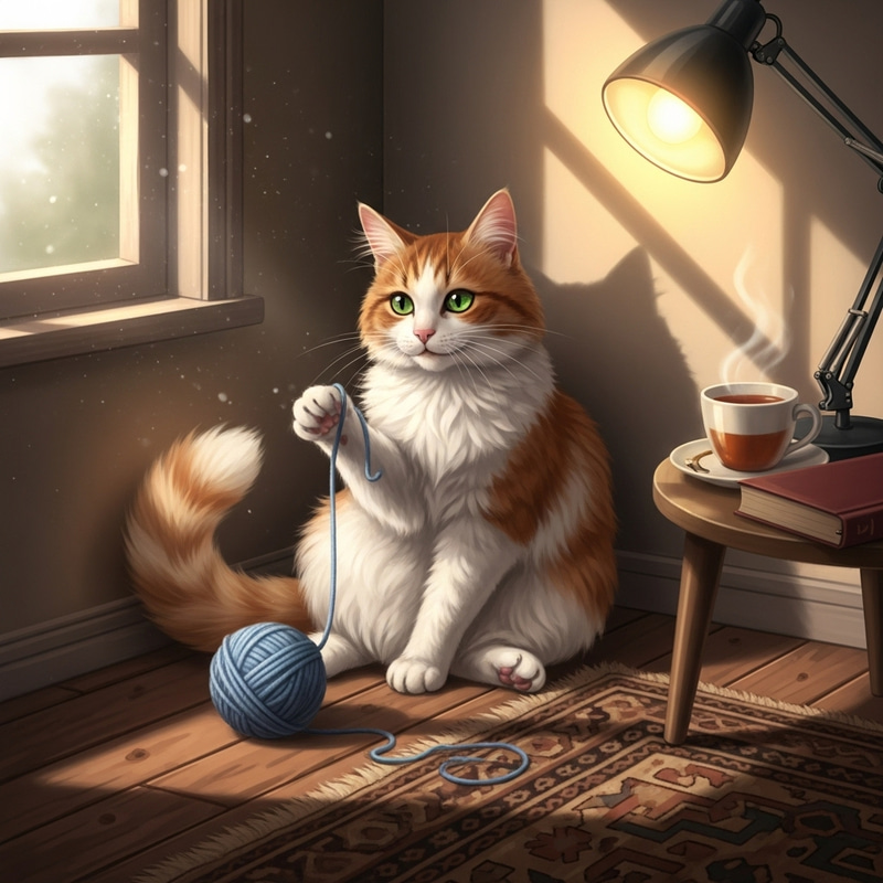Playful Cat in Cozy Room with Yarn Ball Playful Cat in Cozy Room with Yarn Ball