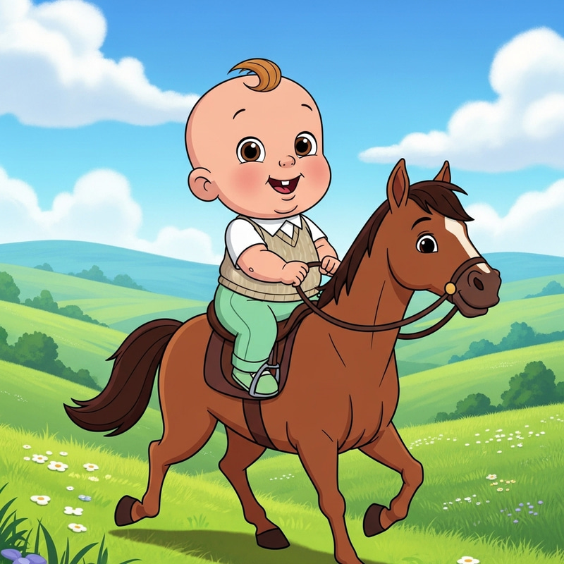Baby Boy Riding a Horse in a Scenic Valley Baby Boy Riding a Horse in a Scenic Valley