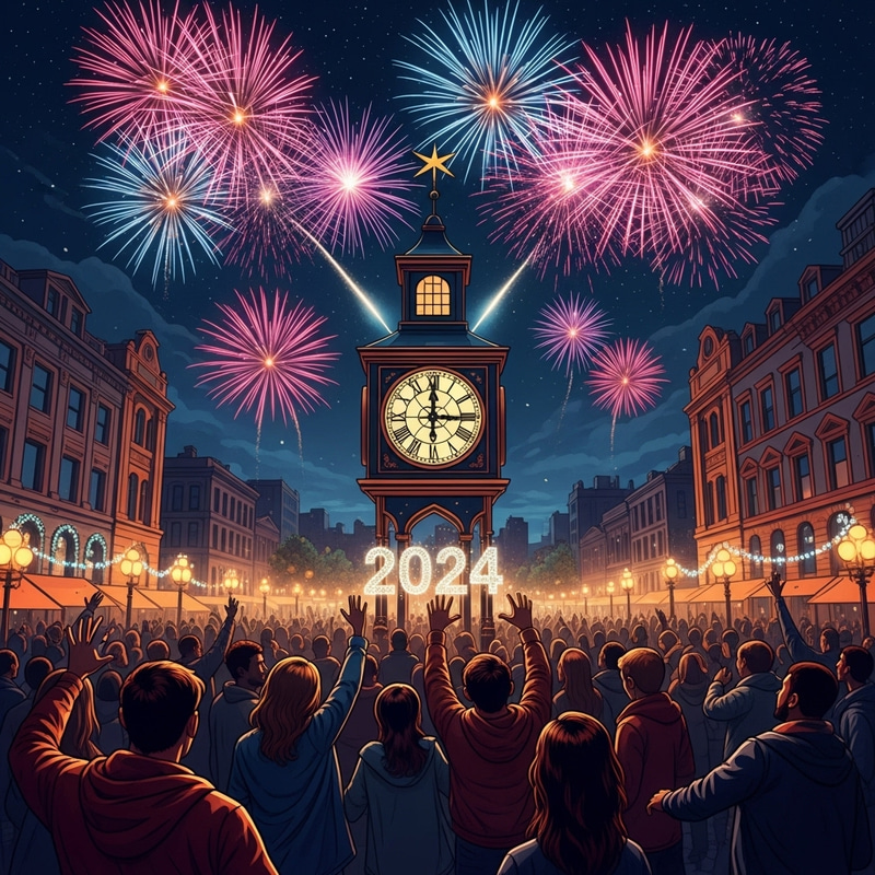 Happy New Year 2024 Celebration with Fireworks and Joyful People Happy New Year 2024 Celebration with Fireworks and Joyful People