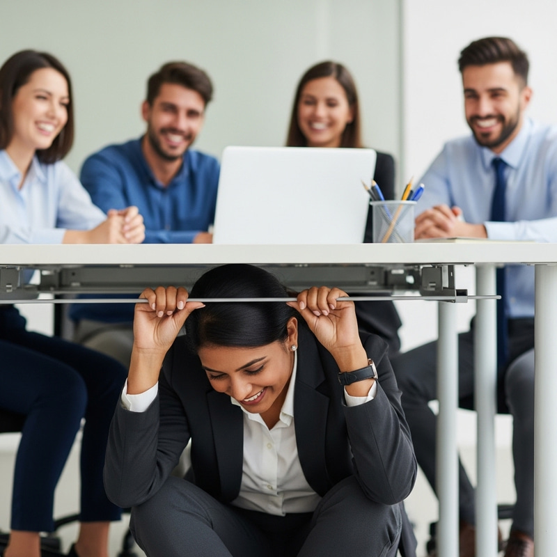 Embarrassed Woman Hiding Under Office Table - Compliment Reaction Embarrassed Woman Hiding Under Office Table - Compliment Reaction