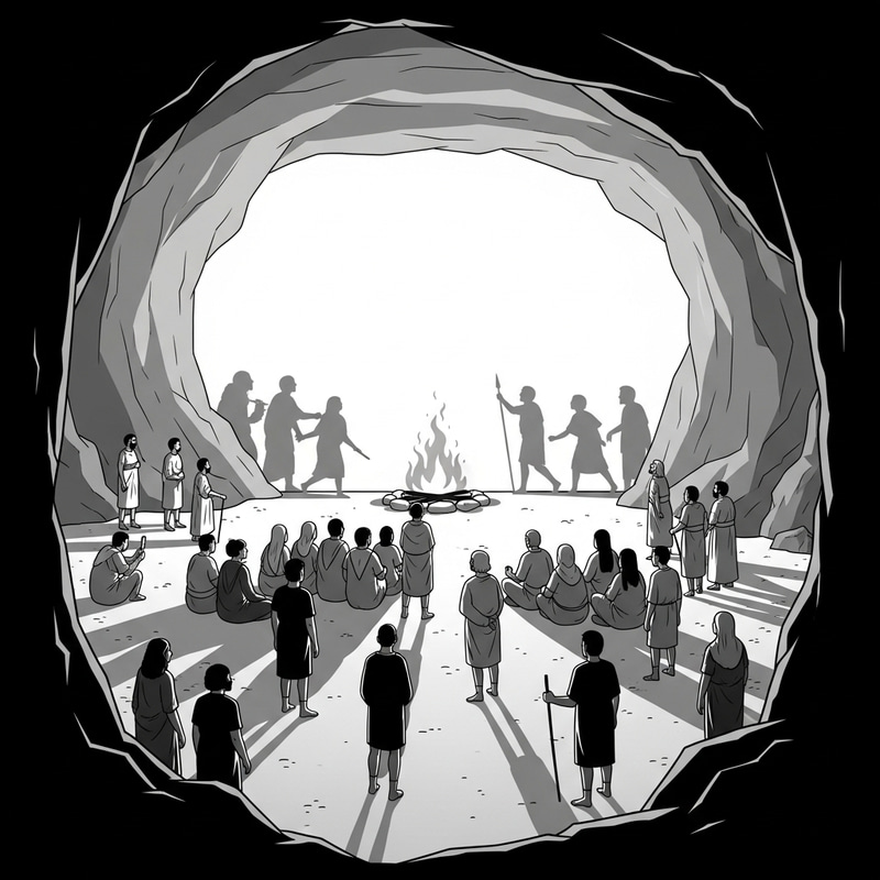 Plato's Allegory of the Cave: Diverse Individuals in Minimalist Black & White Style Plato's Allegory of the Cave: Diverse Individuals in Minimalist Black & White Style