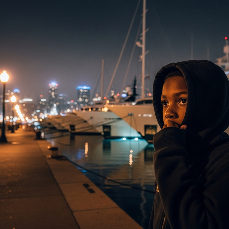 Afro-American Boy at Night by Luxury Boats Afro-American Boy at Night by Luxury Boats
